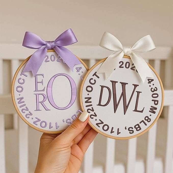Personalized Baby Name Sign Welcome Baby Announcement Sign Newborn Baby Embroidery Hoop with Bows Baby Hospital Name Sign Custom Infant Baby Name Baby Shower Gifts (14)