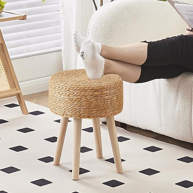 Cpintltr Round Ottoman Footstool Foot Stool Pouf Ottomans with Solid Wood Legs Hand Weave Hyacinth Footrest Step Stool for Living Room Balcony Garden Natural Seagrass