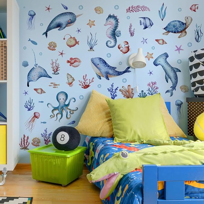 Ocean Sea Animals Wall Decal Stickers, Turtle, Whales, Octopus, Seahorse Under The Sea Peel and Stick Wall Decals for Nursery Kids