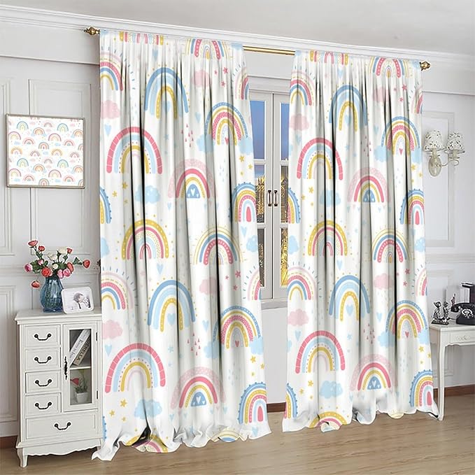 Kids Rainbow Curtains Boho Cartoon Colorful Stars Love Heart Lovely Abstract Art Pattern Print Window Drapes for Girl Bedroom Living Room Kitchen Decor,2 Panel Set,42Wx45H Inch Decor