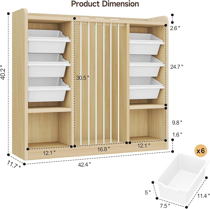 ONBRILL Toy Storage Organizer with 6 Removable Plastic Bins, Toddler Stuffed Animal Storage, Toy Box Cabinet with 2 Open Cubbies, Book Shelf for Kids Room Playroom Bedroom Nursery (Maple Wood)