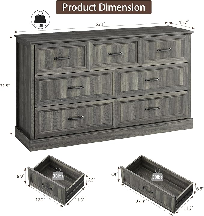 CARPETNAL Farmhouse 7 Drawer Dresser for Bedroom, 55 Inch Wide Modern Grey Dresser TV Stand with Large Drawers & Bar Handles, Rustic Wood Chest of Drawers for Bedroom, Living Room, Hallway, Entryway.