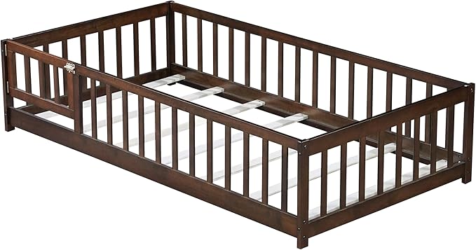 Bellemave Twin Size Floor Bed for Kids, Girls, Boys, Rubber Wood Floor Bed with slats and Door, Espresso