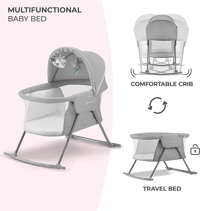 Kinderkraft LOVI Travel Bassinet for Baby, Portable Folding Baby Bed with Built-in Mosquito net, Adjustable Hood and an Additional Cradle Function, Grey