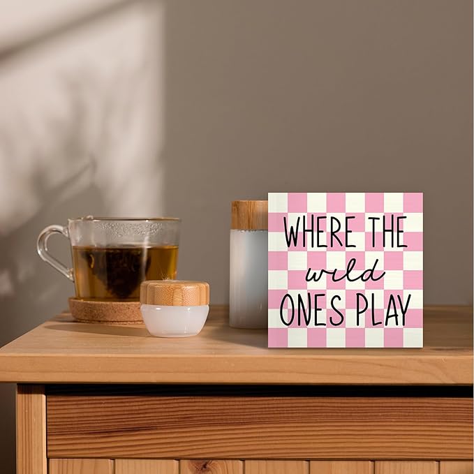 Where The Wild Ones Play Wood Box Sign Desk Decor 5X5, Nursery Kids Room Wooden Block Sign Decorations for Playroom Toddler Room Wall Tabletop Shelf Decor