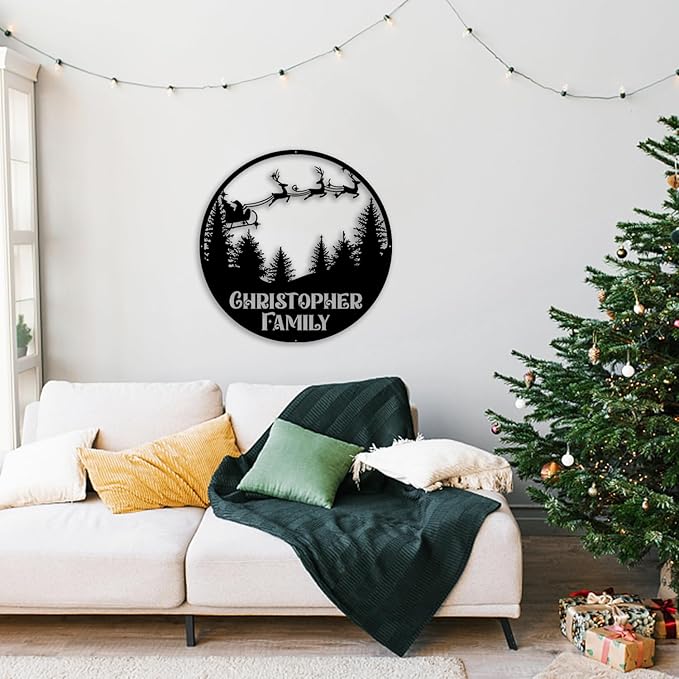 Personalized Christmas Metal Sign, Custom Santa Claus and Reindeer Hanging Sign, Indoor/Outdoor Porch Decor, Black Wall Art, Party Supplies, Personalized Christmas Gifts