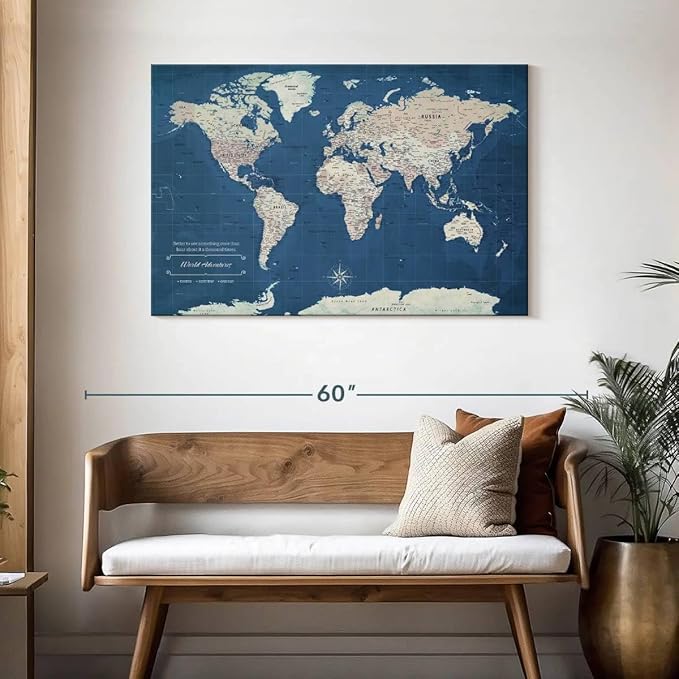 ElephantStock - World Adventures Push Pin Travel Map I Wall Art - Horizontal Canvas Wall Art - Living Room Wall Decor - Printmaking Map Canvas Art - Blue And Beige Decor - 45" x 30"