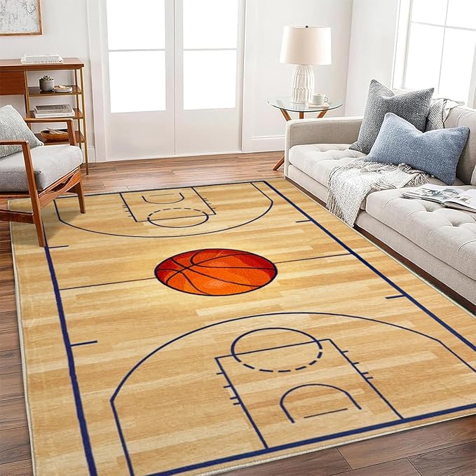 Basketball Rug 6x9 Washable Low Pile - Non Slip Sports Carpet for Boys Bedroom Decor, Kids Game Room Mat Area Rug Man Cave Carpet Mat