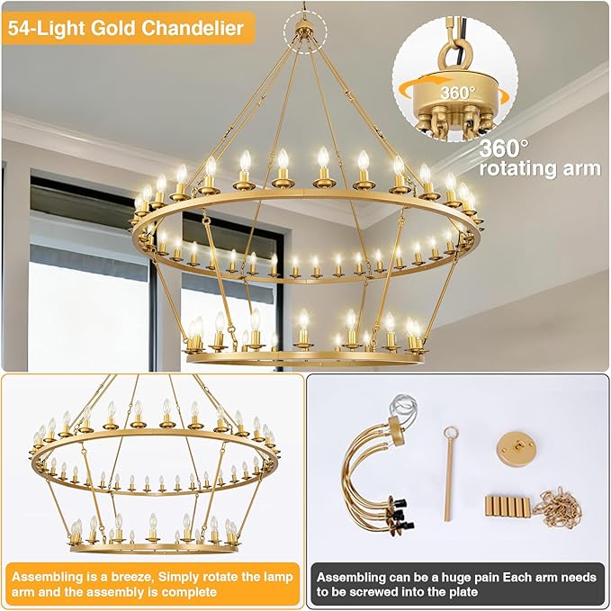 Wagon Wheel Chandelier, 2-Tier 54-Light Gold Large Modern Farmhouse Chandelier with Adjustable Height Island Light Fixture for High Ceiling Dining Room, Kitchen, Living Room, Entryways, Foyer