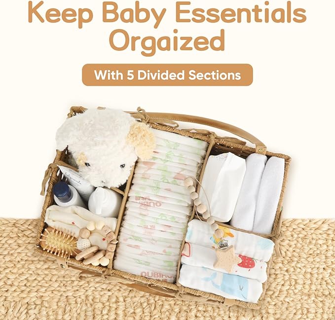 Diaper Caddy Organizer, Hand Rattan Nursery Storage Basket for Baby Essentials, Baby Changing Table Organizer Perfect Nursery Assistant, Easy Assemble