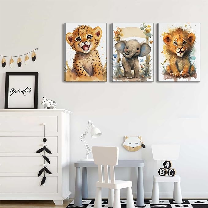 HKMXCD 3Pcs Baby Safari Animal Canvas Wall Art Jungle Watercolor Animal Wall Decor Picture Lovely Painting Artwork Kids Room Prints for Boy Girl Room Home decoration 12x16in