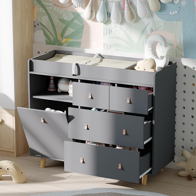 Baby Changing Table Dresser with 5 Drawers, Baby Nursery Dresser with Tilt Out Laundry Basket, Infant Changing Station Organizer for Nursery and Bedroom, Grey (45" W x 18" D x 37" H)