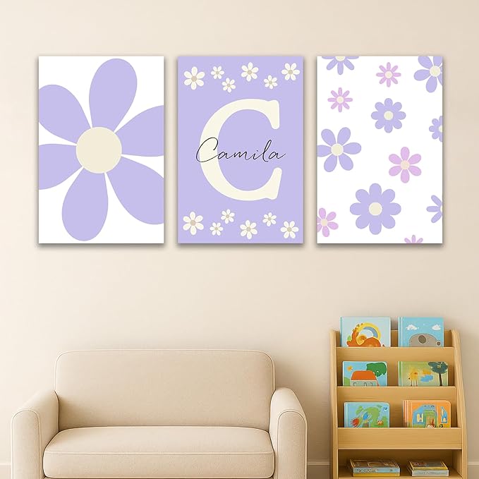 Personalized Girls Nursery Wall Art – Custom Name Purple Daisy 3pc Unframed Canvas Print for Girls Room, Baby Nursery, Kids Wall Decor, Initial Wall Art, Birthday or Holiday Gift (7.9×11.8inch)