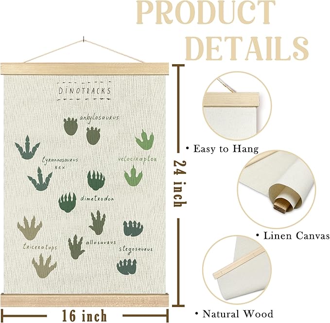 BCUANGD Dinosaur Dino Paw Wall Decor - Baby Toddler Boys Room Wall Art Poster Hanger with Wood Frames, Inspirational Hanging Canvas Decor for Kids Room Playroom Nursery Bedroom, 16x24 Inches