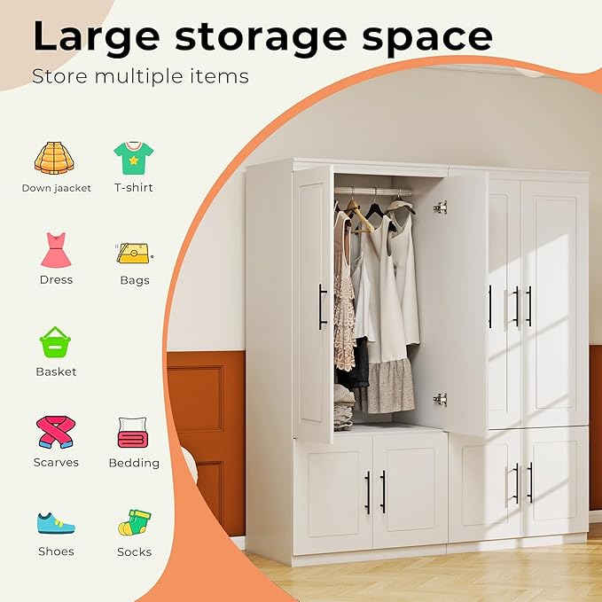 White Armoire Wardrobe Closet Cabinet: 4 Door Wood Wardrobe Closet Combination Cabinet Wooden Bedroom Armoire with Hanging Rods for Home/Bedroom/Living Room