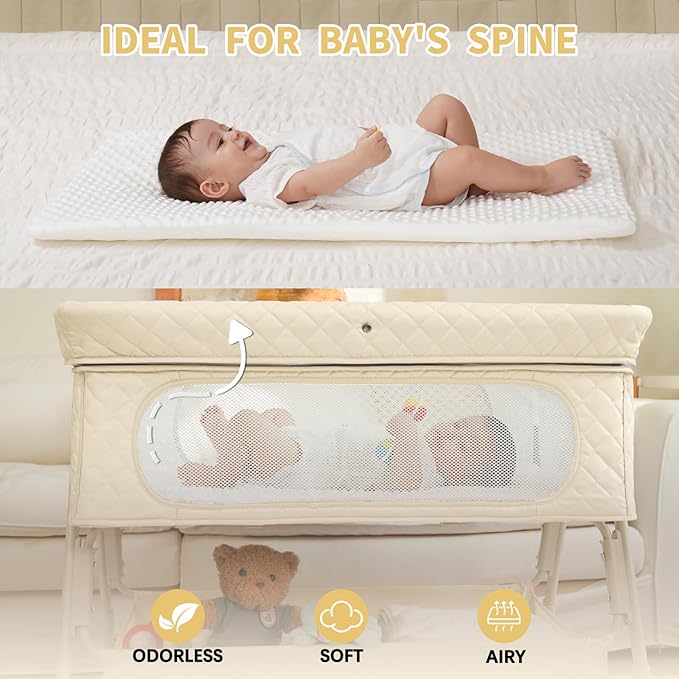 Baby Crib for Newborn, Baby Bassinets Bedside Sleeper with Breathable Mesh & Mattress, Easy Move Crib for Newborns with Lockable Wheels, 4-Adjustable Height Beside Bassinet (Beige)