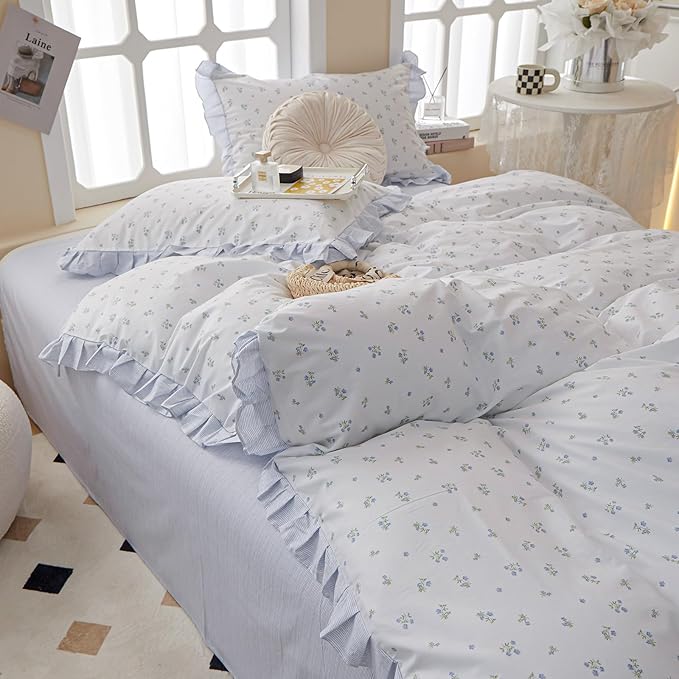 LifeTB Ruffle Duvet Cover Chic Floral Lace Duvet Cover Twin Cute Blue Flower Comforter Cover Girls Princess Lace Bedding Cover Botanical Floral Comforter Cover Ruffle Cottagecore Bedding Set Twin