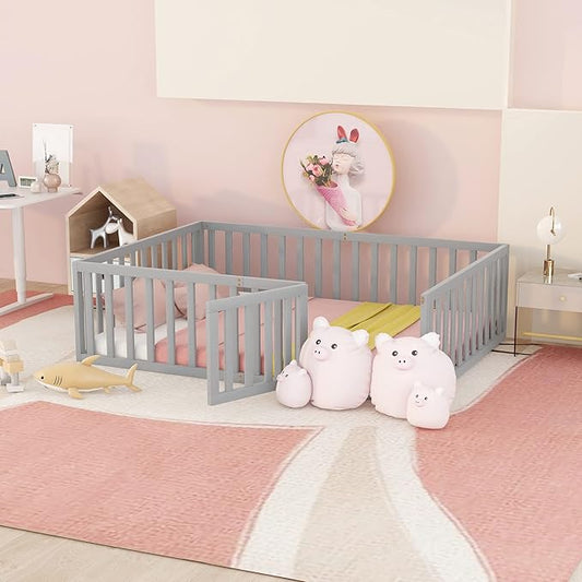 Merax Full Floor Bed with Safety Guardrails and Door, Wood Montessori Floor Bed Frame for Kids, Full Playhouse Bed Frame for Baby Girls and Boys, Grey