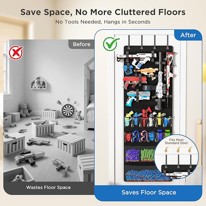 Over the Door Organizer for Toy Guns, Toys Storage Door Hanger with Pockets and Slots for Kids Foam Blasters, Darts, Goggles, Over Door Toy Guns Storage Organizer, for Kids Rooms, Game Rooms, Black