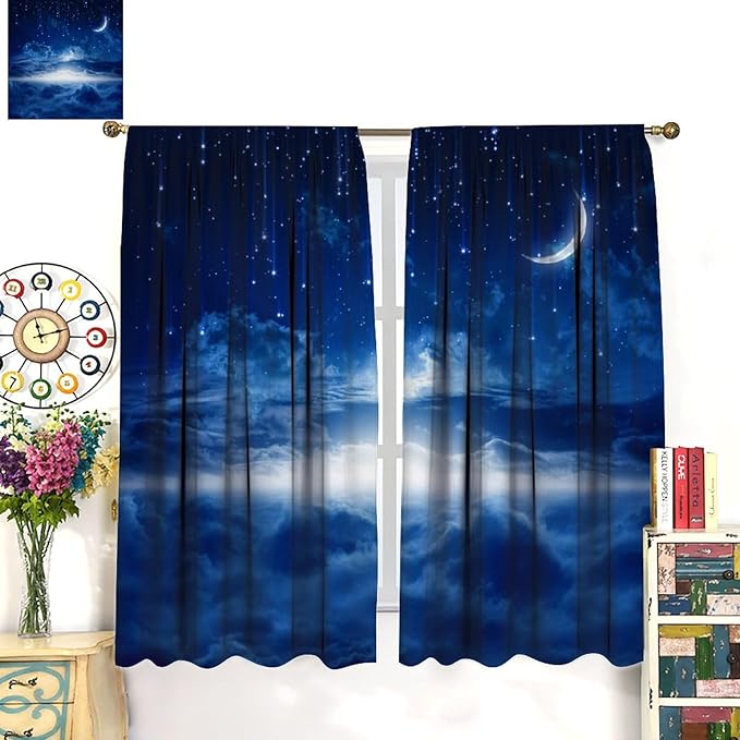 Star Night Sky Blackout Curtains, Moon Foggy Clouds Landscape Theme Print Window Drapes for Kids Girls Bedroom Living Room 52" W X 84" L