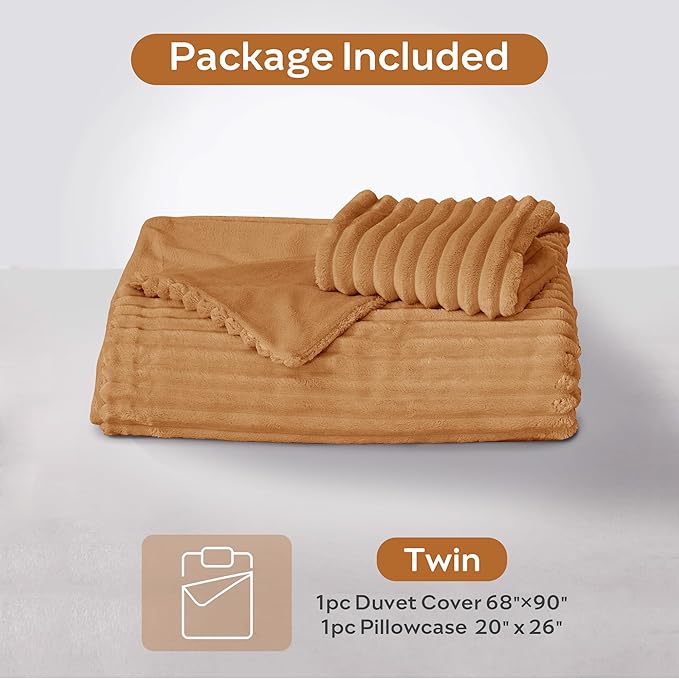 JELLYMONI Plush Duvet Cover Set - Twin Size Orange Striped Fluffy Comforter Cover 2pcs Bedding Set Luxury Ultra Soft Faux Fur Duvet Cover with Zipper and 1 Pillowcase (NO Comforter)