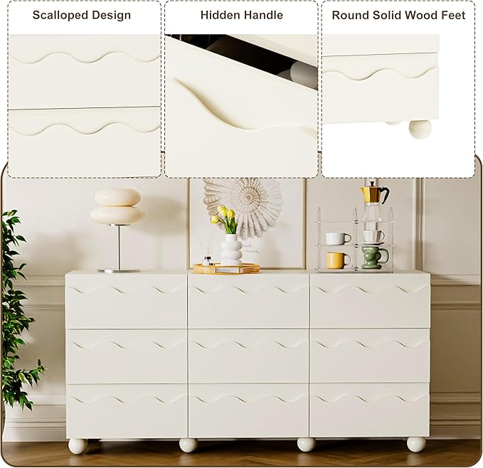 Anbuy Begie Scalloped Dresser for Bedroom with 9 Drawers, 63" Wide Modern Chest of Drawers with Hidden Handle, Wooden Dresser, Fluted Wood Closet Clothes Storage Organizer for Living Room, Hallway