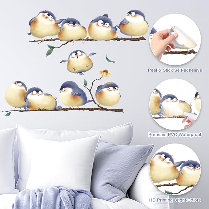 DILIBRA Blue Bird on The Branch Wall Decals, Peel and Stick Lovely Bird Wall Decals, DIY Vinyl Art Murals for Nursery Kids Bedroom Living Room Classroom Preschool Playroom