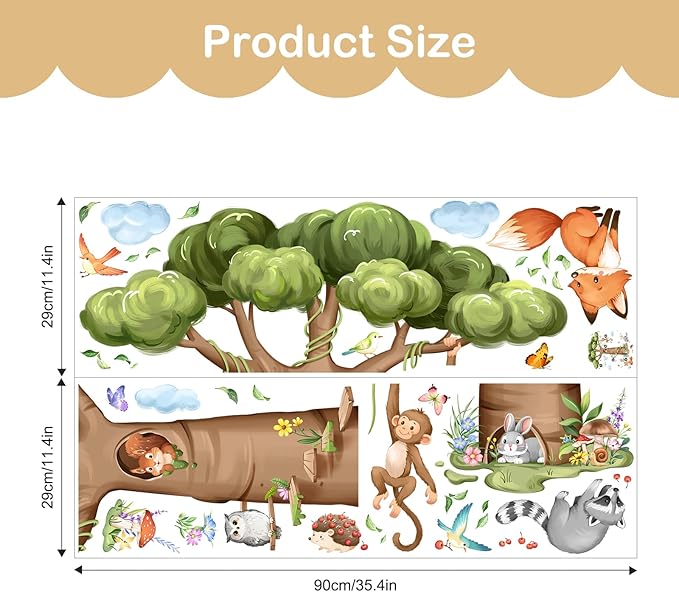 Tanlaby Woodland Animal Tree Wall Decals Rabbit Fox Monkey Baobab Tree Wall Stickers Peel and Stick Art Decor for Baby Nursery Kids Bedroom Toddler Room Decor