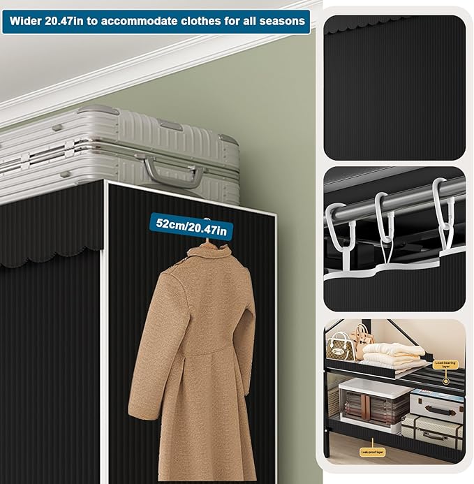 FPIGSHS Heavy Duty Clothes Rack with Cover Foldable Covered Clothes Rack for Hanging Clothes portable Wardrobe Closet System Freestanding Coat Storage Garment Racks for bedroom (black, 49.2in)