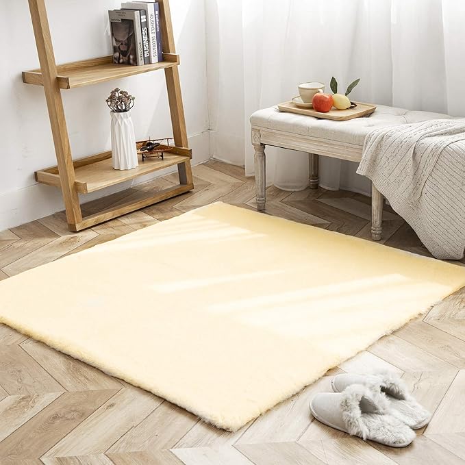 Ashler HOME DECO Ultra Soft Faux Rabbit Fur Chair Couch Cover Area Rug for Bedroom Floor Sofa Living Room Yellow 4 x 4 Feet
