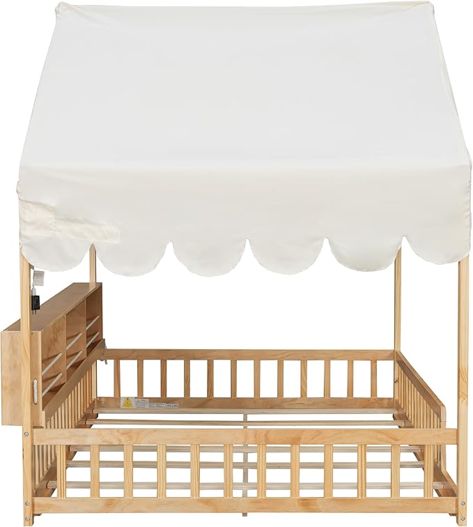 Merax Full Size Montessori Floor Bed for Kids Toddler, House Shaped Kids Full Bed Frame with Safety Guardrail, Curtain & Lights, Side Storage Bookshelves, Solid Wood Slats, Easy Assembly, Beign