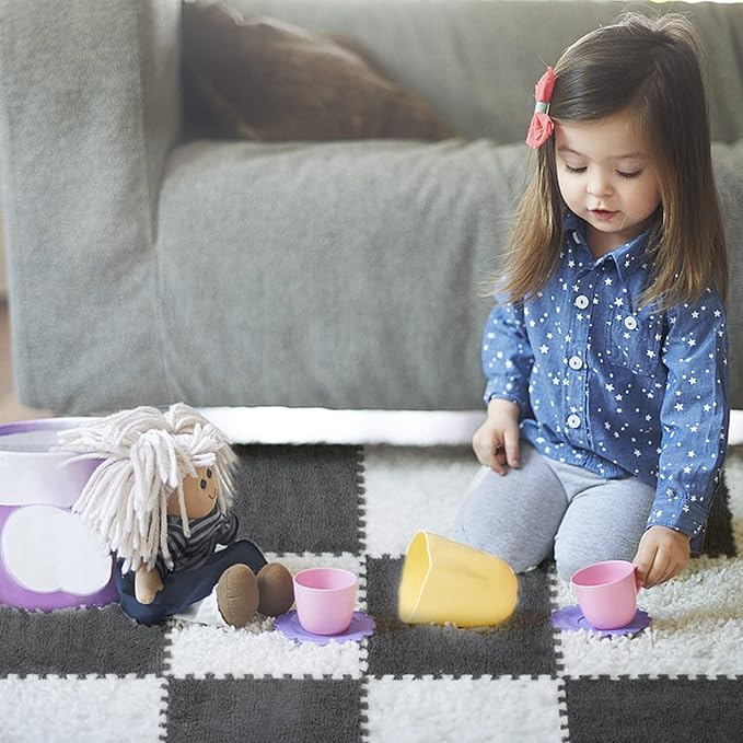 12 pcs Plush Puzzle Foam Floor Mat for Kids- Thick Interlocking Fluffy Tiles with Border Square Rug Split Joint Soft Climbing Carpet Mats Shaggy Area Rug for Room Floor(11.8'', White & Gray)