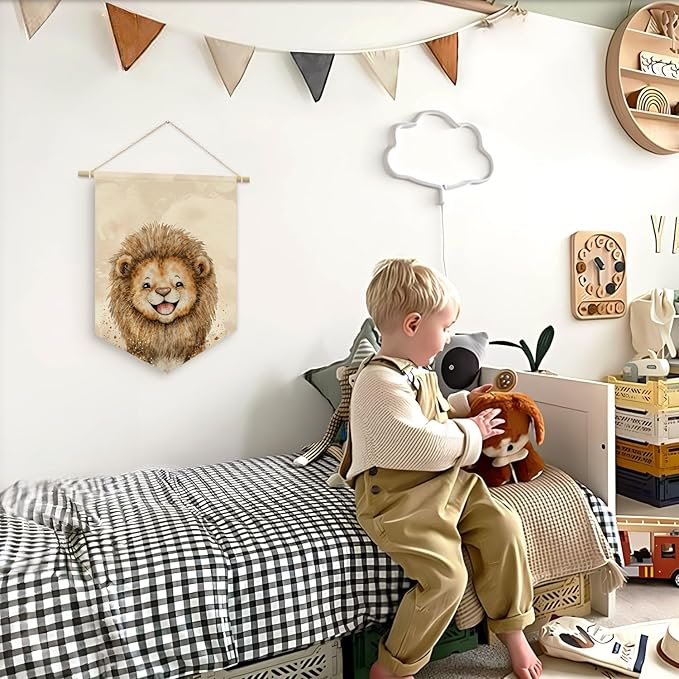 Safari Nursery Decor, Baby Lion Cute Wall Art,Kids room Canvas Banner, Woodland Nursery Decor, Watercolor Animal Lion for Living Room Bedroom Kids Room, Hanging Pennant Flag Banner 15x11in