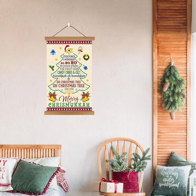 KAIRNE Merry Christmas Wall Art,Colorful Christmas Tree Poster(13.7X22 inch),Hanukkah Wall Decor with Wood Magnetic Hanger,Christmas Gifts for Holiday Party Living Room Bedroom Office Coffee Decor