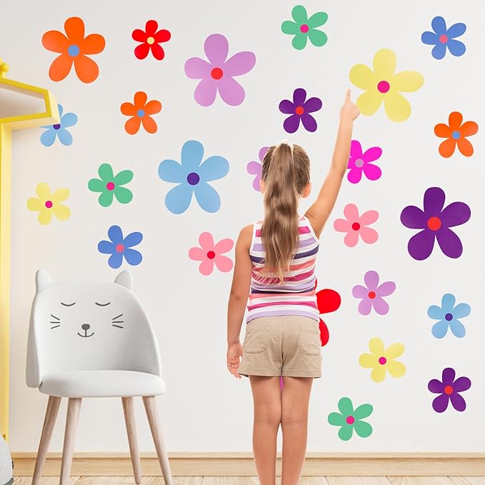 12 Sheets Daisy Wall Decals, Bright Colors Floral Wall Decor, Cute Flowers Wall Stickers, Vinyl Peel and Stick Flowers Stickers for Kids Girls Nursery Bedroom Living Room