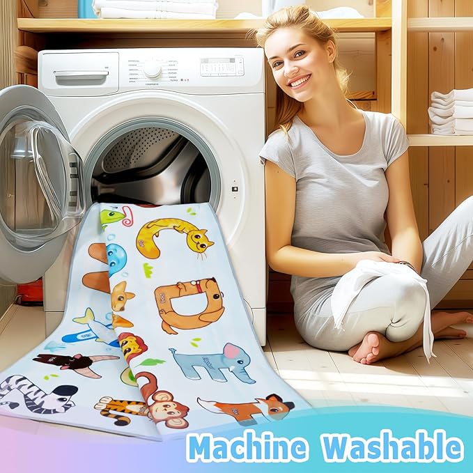 Kids Rugs for Playroom, 5'x5' Round Educational Rug for Learn the ABC Alphabet, Soft Machine Washable Non-Slip Cute Animal Carpet for Classroom Toddler Nursery Kids Room Decor Mat, Light Blue