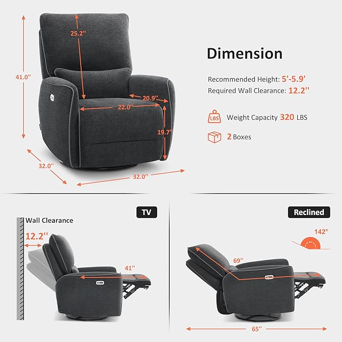 MCombo Power Swivel Glider Rocker Recliner Chair, Electric Swivel Rocker Recliner with USB Charging Ports for Living Room and Nursery, Fabric 6922 (Grey)
