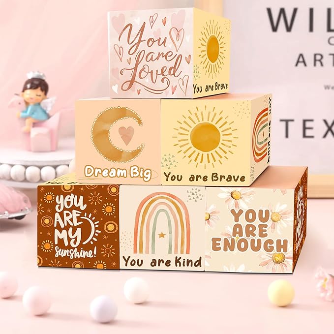 Wooden Custom Name Baby Blocks Set for Desk Table Boho Playroom Signs for Girls Boys Alphabet Inspirational Baby Room Shelf Decor Watercolor Rainbow Sun Decor for Bedroom Nursery Babies Shower Gifts