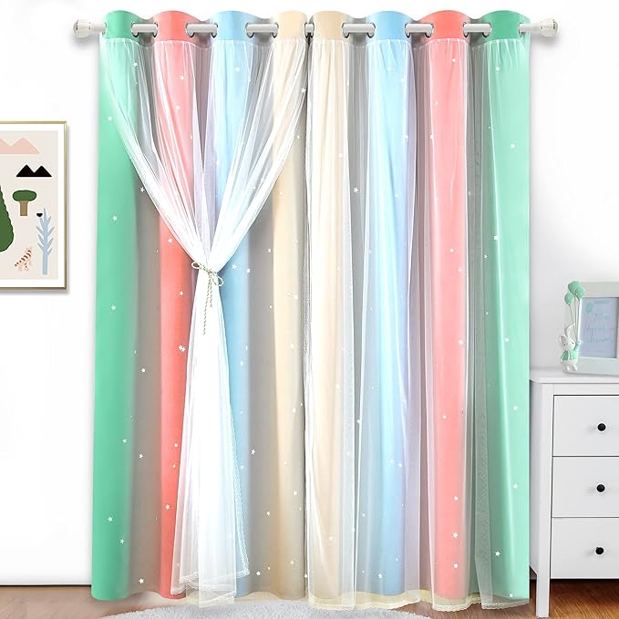 Kinryb Nursery/Kids/Girls Room Star Cut Out Blackout Rainbow Curtain with Sheer Overlay 2 Panels, Each 52 inch Wide,95 inch Length with White Gauze,Ombre Stripe Rainbow Curtains (2 Panels,52x95 Inch)