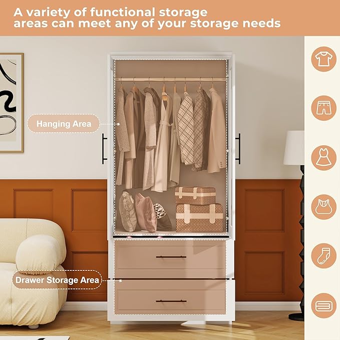 Armoire Wardrobe Closet with 2 Glass Door, White Wood Wardrobe Closet Wooden Bedroom Armoire with 2 Drawer Hanging Rods for Home/Bedroom/Living Room Style-51