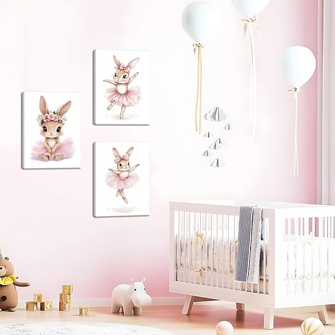 Baby Girl Nursery Wall Decor, Easter Nursery Canvas Wall Art Paintings Set of 3, Cute Animal Pink Bunny Posters Prints Pictures for Boys and Girls Room, Bedroom, Home Decor 16x24 In Framed