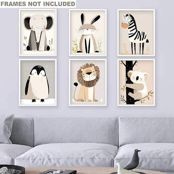 RoyoLam Cartoon Animal Canvas Wall Art Prints - Set of 6 Unframed 8x10 Inches, Scandinavian Style Illustrations Nursery Decor for Kids Room and Playroom