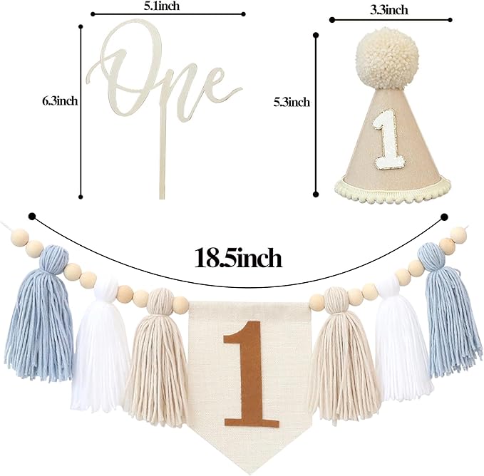 1st Birthday Highchair Banner Decorations For First Boys Khaki Cone Hat With One Cake Topper Photo Backdrop