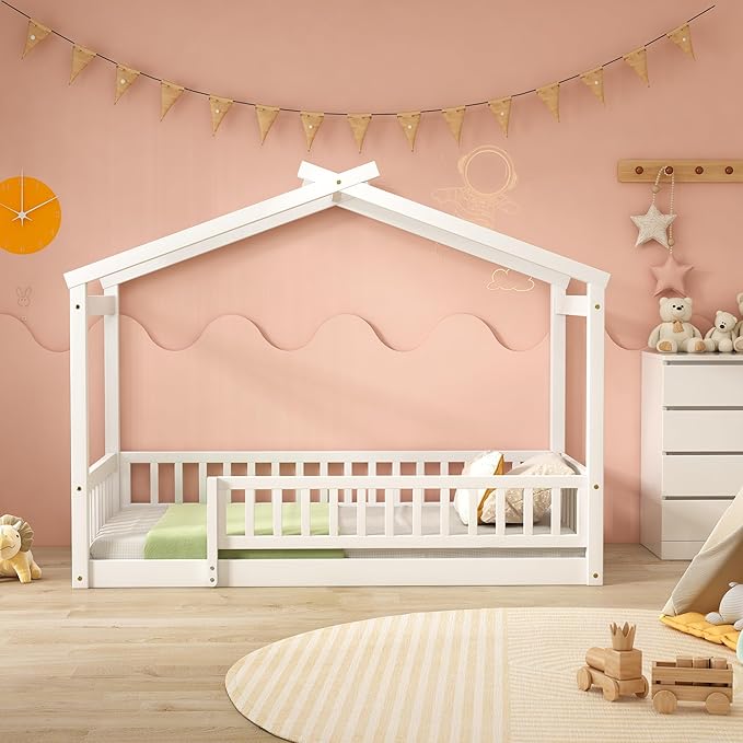 Merax Twin Size Wooden House Bed with Fence, Wood Bed Frame with Roof and Safety Guardrail for Kids, Teens, Boys or Girls, White