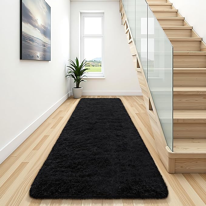 BENRON Soft Runner Rugs for Bedroom 2x8, Washable Long Runners for Hallway Entryway Kitchen Dorm, Fluffy Throw Rug for Kids Girls Room Decor Photo Prop, Black
