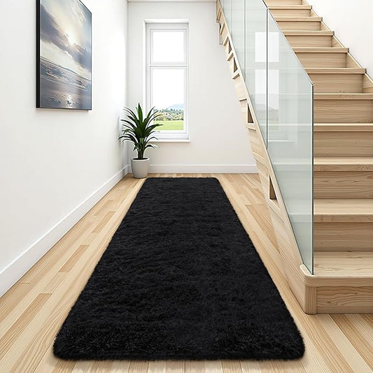 BENRON Soft Runner Rugs for Bedroom 2x8, Washable Long Runners for Hallway Entryway Kitchen Dorm, Fluffy Throw Rug for Kids Girls Room Decor Photo Prop, Black