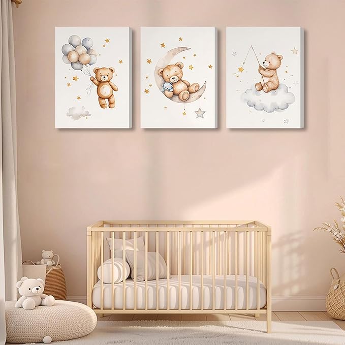 3 Pcs Framed Teddy Bear Nursery Canvas Wall Art Bear Sleeping on The Moon and Stars Wall Decor Pictures Balloon Cloud Neutral Poster Prints for Kids Baby Room Kindergarten Home Decoration 16x24in