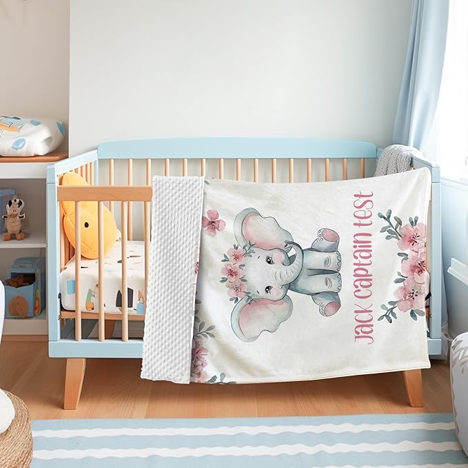 Personalized Baby Blankets for Girls Boys, Custom Elephant Baby Blanket with Name for Kids, Flannel Bed Throw Blanket for Newborn, Customized Baby Gifts for Baby Shower Nursery Blanket(47"x60)