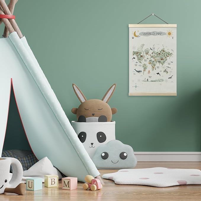 Tzhim Animal World Map Poster Hanger Frame, World Map for Kids, Educational Wall Hanging Decor for Nursey Playroom Classroom Home school Kids Room, Nature Wall Art Prints with Wood Frames, 12x16in