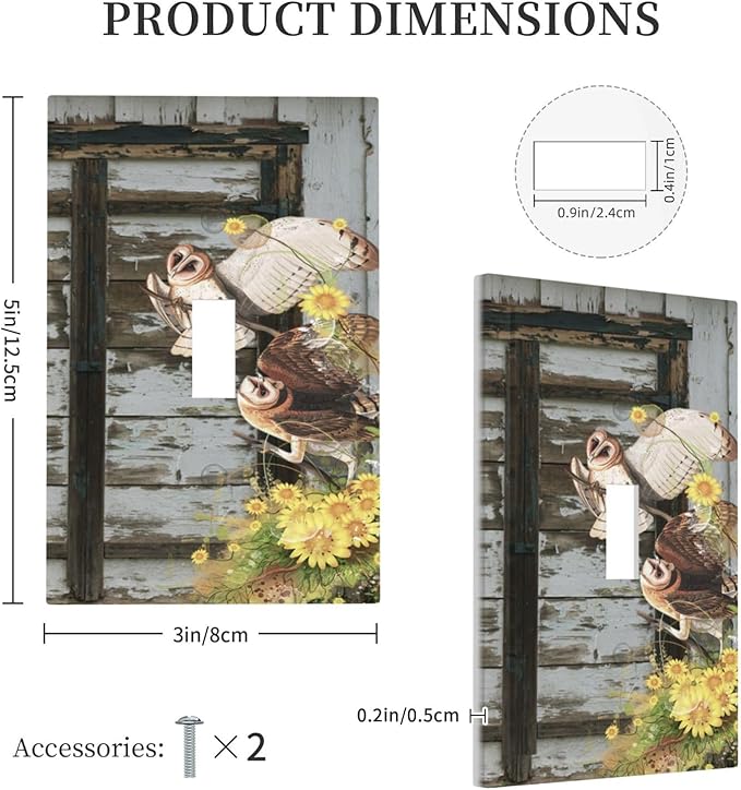 Vintage Brown Blue Old Wooden Door Single Toggle Wall Plate Covers 1 Gang Light Switch Cover Antique Barn Door with Owls Sunflower Faceplate Decorative Electrical for Bathroom Kitchen Home Decor